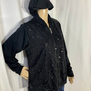 Quacker Factory Zipper Hoodie Black Sequin Sz L